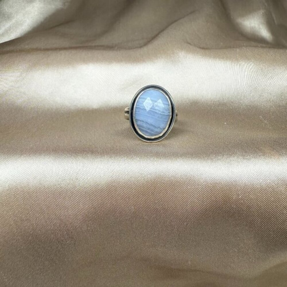 Silver Ring with Blue Lace Agate Oval Natural Gemstone Handmade Jewelry Size 8